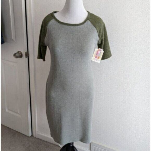 LuLaRoe Julia Dress Large NWT $45 Gray Olive Green Raglan Sleeves Stretch - Picture 3 of 13